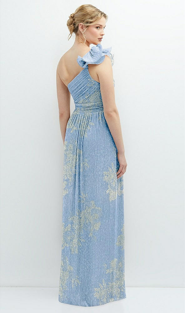 Back View - Larkspur Gold Foil Dramatic Ruffle Edge One-Shoulder Metallic Pleated Maxi Dress with Floral Gold Foil Print