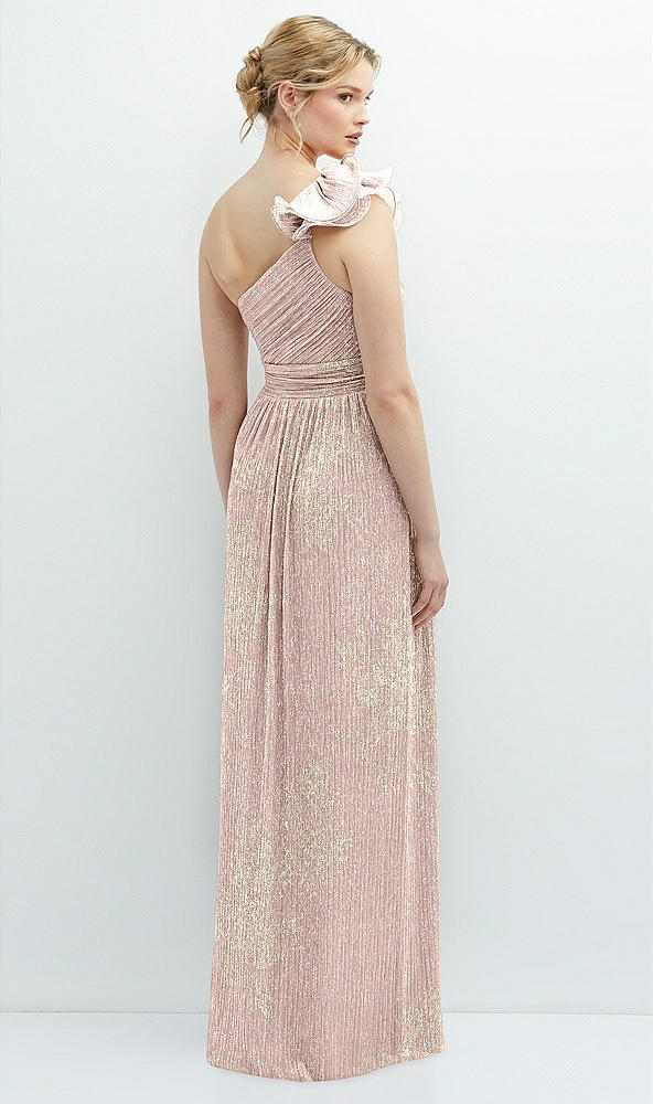 Back View - Pink Gold Foil Dramatic Ruffle Edge One-Shoulder Metallic Pleated Maxi Dress with Floral Gold Foil Print