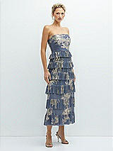 Side View Thumbnail - French Blue Gold Foil Ruffle Tiered Skirt Metallic Pleated Strapless Midi Dress with Floral Gold Foil Print