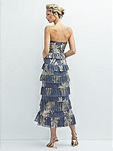 Rear View Thumbnail - French Blue Gold Foil Ruffle Tiered Skirt Metallic Pleated Strapless Midi Dress with Floral Gold Foil Print