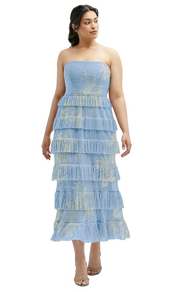 Front View - Larkspur Gold Foil Ruffle Tiered Skirt Metallic Pleated Strapless Midi Dress with Floral Gold Foil Print