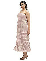Side View Thumbnail - Pink Gold Foil Ruffle Tiered Skirt Metallic Pleated Strapless Midi Dress with Floral Gold Foil Print