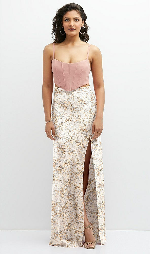 Front View - Golden Hour Floral Satin Mix-and-Match High Waist Seamed Bias Skirt