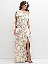 Front View Thumbnail - Golden Hour Floral One-Shoulder Satin Maxi Dress with Chic Oversized Shoulder Bow