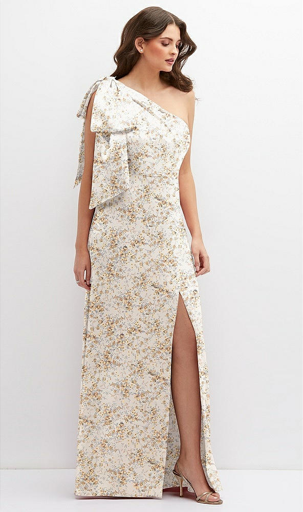Front View - Golden Hour Floral One-Shoulder Satin Maxi Dress with Chic Oversized Shoulder Bow
