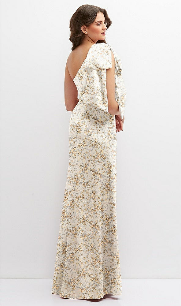 Back View - Golden Hour Floral One-Shoulder Satin Maxi Dress with Chic Oversized Shoulder Bow