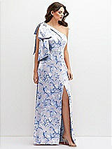 Front View Thumbnail - Magnolia Sky Floral One-Shoulder Satin Maxi Dress with Chic Oversized Shoulder Bow