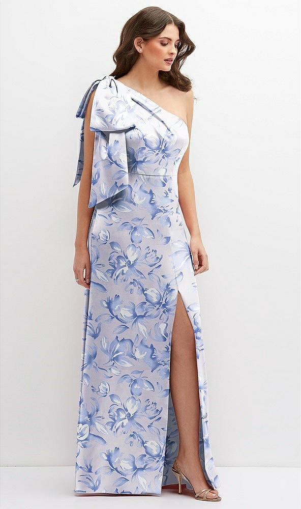 Front View - Magnolia Sky Floral One-Shoulder Satin Maxi Dress with Chic Oversized Shoulder Bow