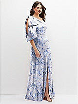 Side View Thumbnail - Magnolia Sky Floral One-Shoulder Satin Maxi Dress with Chic Oversized Shoulder Bow