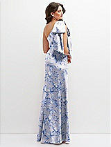 Rear View Thumbnail - Magnolia Sky Floral One-Shoulder Satin Maxi Dress with Chic Oversized Shoulder Bow