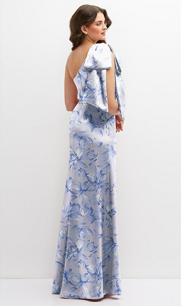 Back View - Magnolia Sky Floral One-Shoulder Satin Maxi Dress with Chic Oversized Shoulder Bow