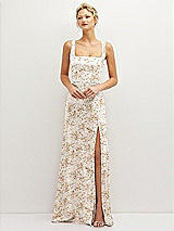 Front View Thumbnail - Golden Hour Floral Square-Neck Satin A-line Maxi Dress with Front Slit