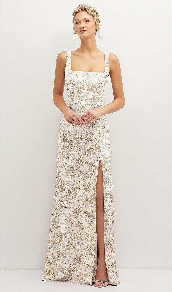 Front View - Golden Hour Floral Square-Neck Satin A-line Maxi Dress with Front Slit