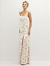 Side View Thumbnail - Golden Hour Floral Square-Neck Satin A-line Maxi Dress with Front Slit