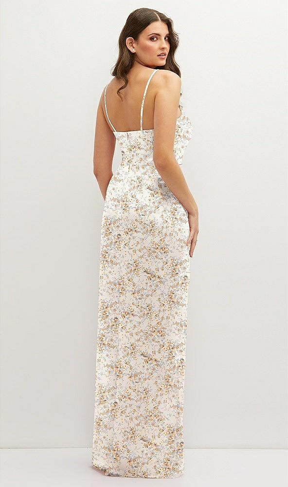 Back View - Golden Hour Floral Asymmetrical Draped Pleat Wrap Satin Maxi Dress