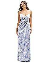 Front View Thumbnail - Magnolia Sky Floral Asymmetrical Draped Pleat Wrap Satin Maxi Dress