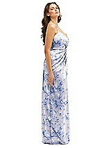 Side View Thumbnail - Magnolia Sky Floral Asymmetrical Draped Pleat Wrap Satin Maxi Dress