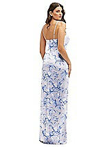Rear View Thumbnail - Magnolia Sky Floral Asymmetrical Draped Pleat Wrap Satin Maxi Dress