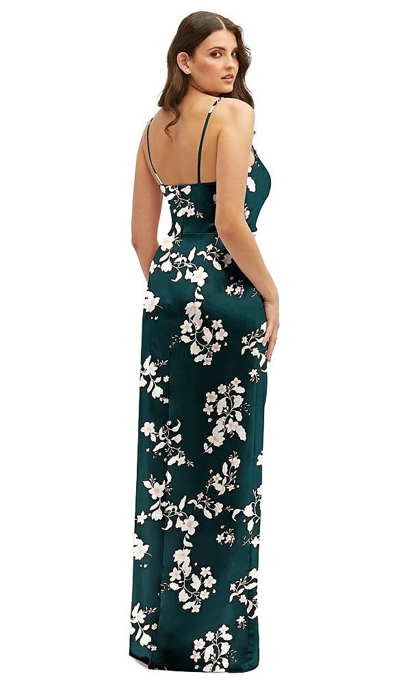 Back View - Vintage Primrose Floral Asymmetrical Draped Pleat Wrap Satin Maxi Dress