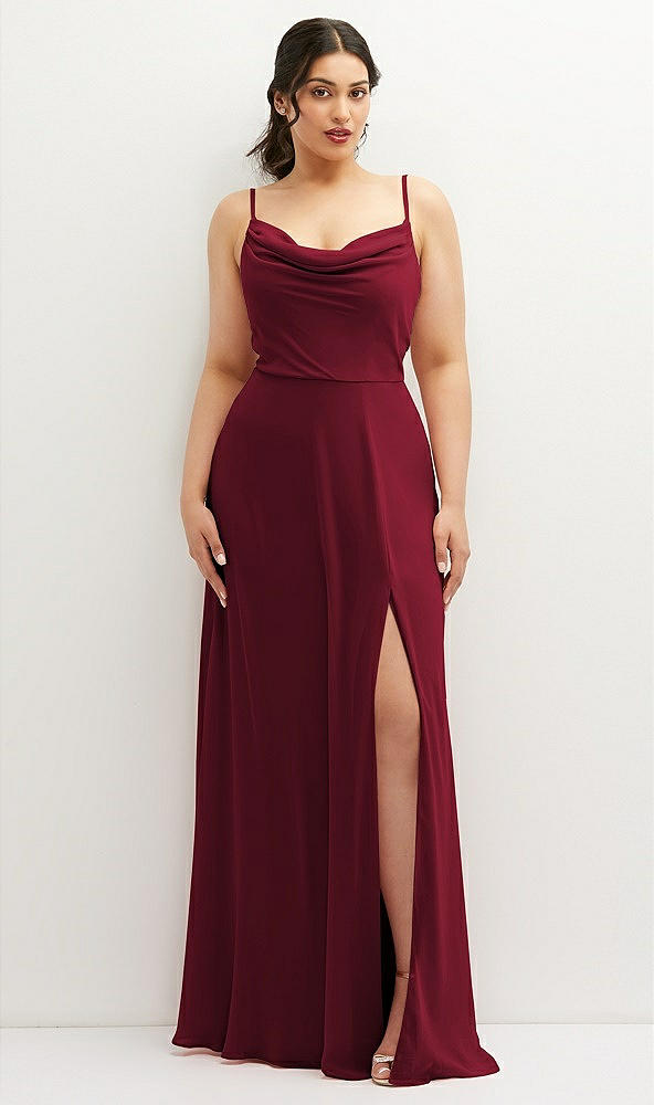 Front View - Burgundy Soft Cowl-Neck A-Line Maxi Dress with Adjustable Straps