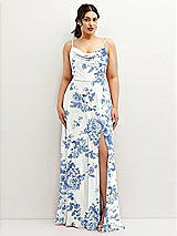Front View Thumbnail - Cottage Rose Dusk Blue Soft Cowl-Neck A-Line Maxi Dress with Adjustable Straps
