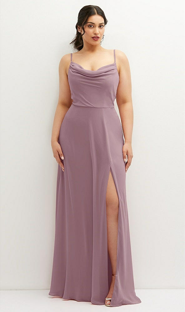 Front View - Dusty Rose Soft Cowl-Neck A-Line Maxi Dress with Adjustable Straps