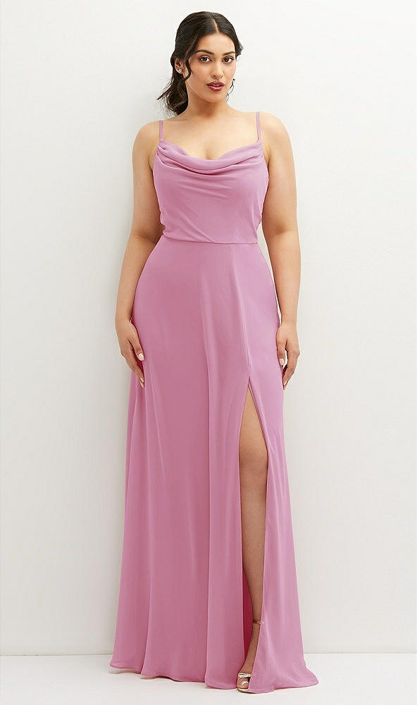 Front View - Powder Pink Soft Cowl-Neck A-Line Maxi Dress with Adjustable Straps
