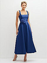 Front View Thumbnail - Classic Blue Square Neck Satin Midi Dress with Full Skirt & Flower Sash