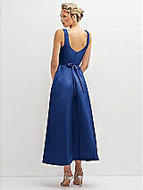 Rear View Thumbnail - Classic Blue Square Neck Satin Midi Dress with Full Skirt & Flower Sash