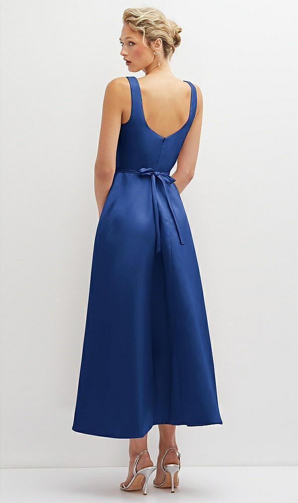 Back View - Classic Blue Square Neck Satin Midi Dress with Full Skirt & Flower Sash