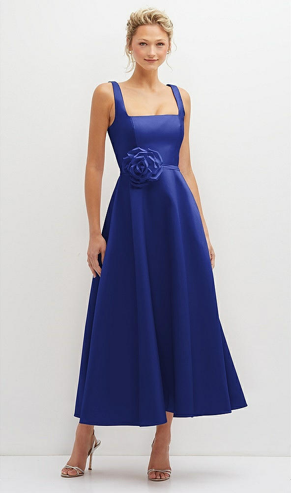 Front View - Cobalt Blue Square Neck Satin Midi Dress with Full Skirt & Flower Sash
