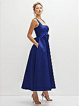 Side View Thumbnail - Cobalt Blue Square Neck Satin Midi Dress with Full Skirt & Flower Sash