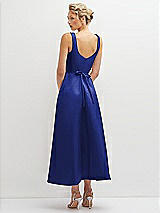 Rear View Thumbnail - Cobalt Blue Square Neck Satin Midi Dress with Full Skirt & Flower Sash