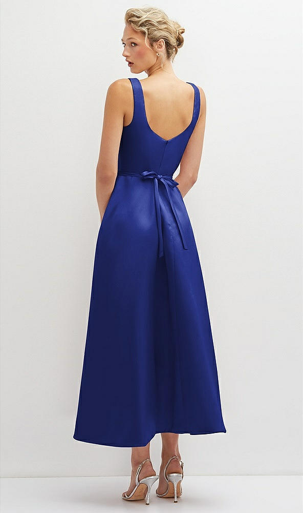 Back View - Cobalt Blue Square Neck Satin Midi Dress with Full Skirt & Flower Sash