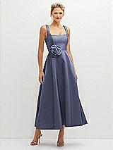 Front View Thumbnail - French Blue Square Neck Satin Midi Dress with Full Skirt & Flower Sash