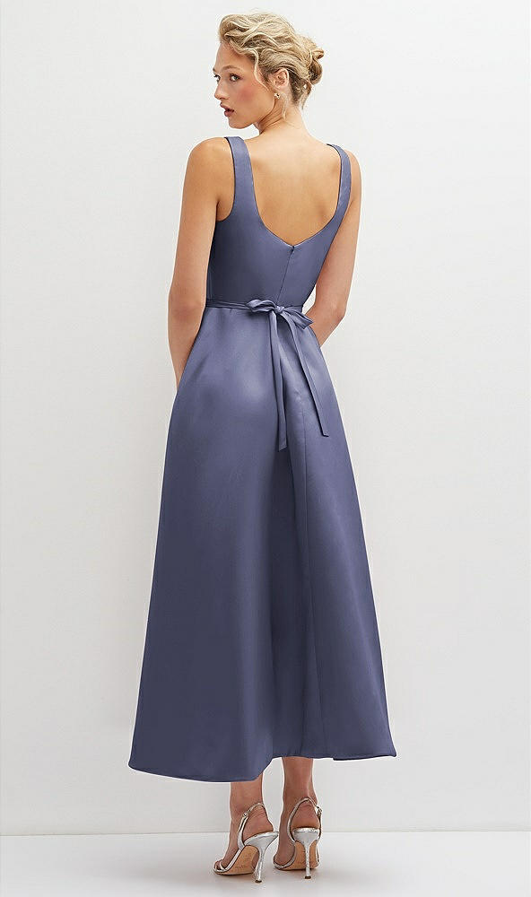 Back View - French Blue Square Neck Satin Midi Dress with Full Skirt & Flower Sash