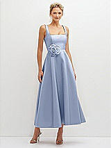 Front View Thumbnail - Sky Blue Square Neck Satin Midi Dress with Full Skirt & Flower Sash