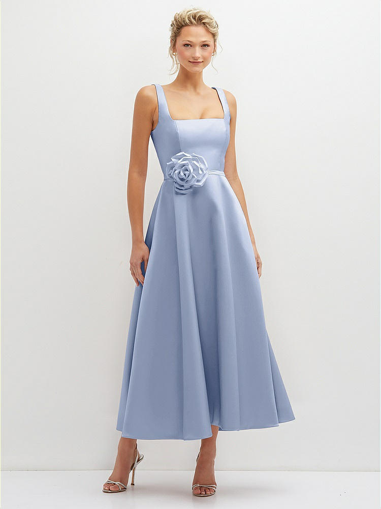 Square Neck Satin Midi Bridesmaid Dress With Full Skirt Pockets