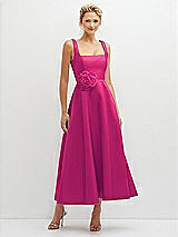 Front View Thumbnail - Think Pink Square Neck Satin Midi Dress with Full Skirt & Flower Sash