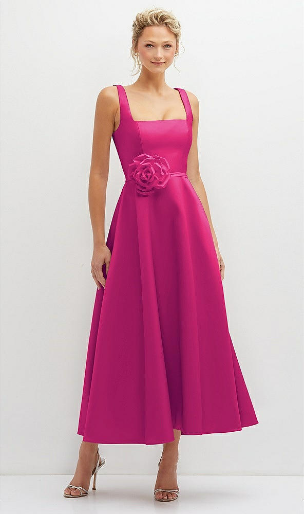 Front View - Think Pink Square Neck Satin Midi Dress with Full Skirt & Flower Sash