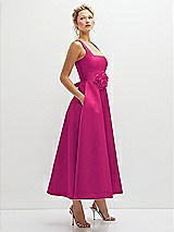 Side View Thumbnail - Think Pink Square Neck Satin Midi Dress with Full Skirt & Flower Sash