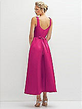 Rear View Thumbnail - Think Pink Square Neck Satin Midi Dress with Full Skirt & Flower Sash