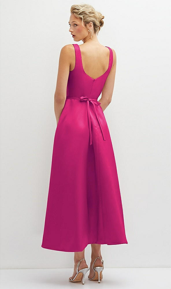 Back View - Think Pink Square Neck Satin Midi Dress with Full Skirt & Flower Sash