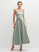 Front View Thumbnail - Willow Green Square Neck Satin Midi Dress with Full Skirt & Flower Sash