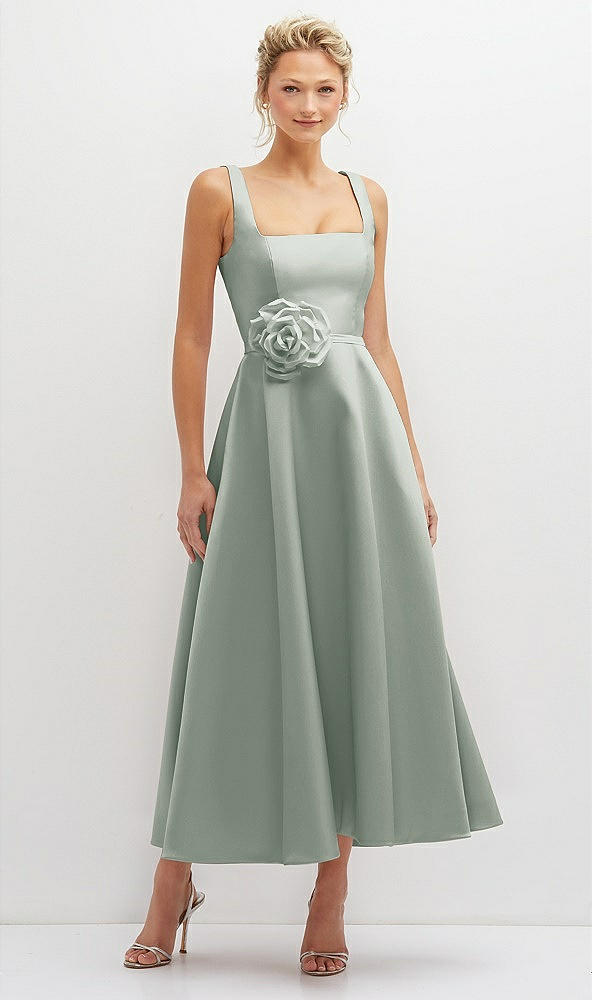 Front View - Willow Green Square Neck Satin Midi Dress with Full Skirt & Flower Sash