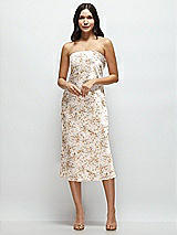 Front View Thumbnail - Golden Hour Floral Strapless Midi Bias Column Dress with Peek-a-Boo Corset Back
