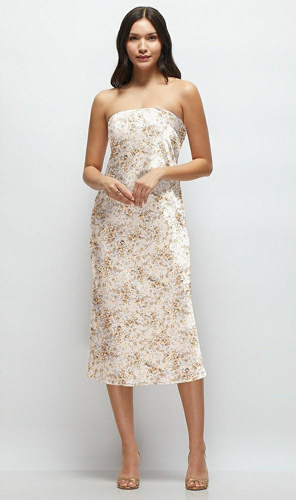 Front View - Golden Hour Floral Strapless Midi Bias Column Dress with Peek-a-Boo Corset Back