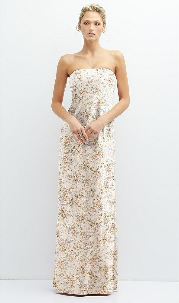 Front View - Golden Hour Floral Strapless Maxi Bias Column Dress with Peek-a-Boo Corset Back
