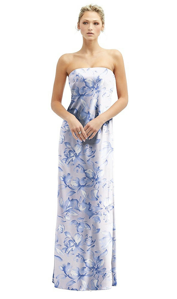 Front View - Magnolia Sky Floral Strapless Maxi Bias Column Dress with Peek-a-Boo Corset Back