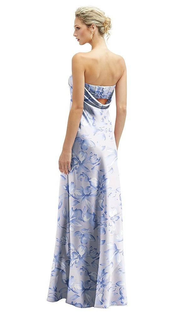 Back View - Magnolia Sky Floral Strapless Maxi Bias Column Dress with Peek-a-Boo Corset Back